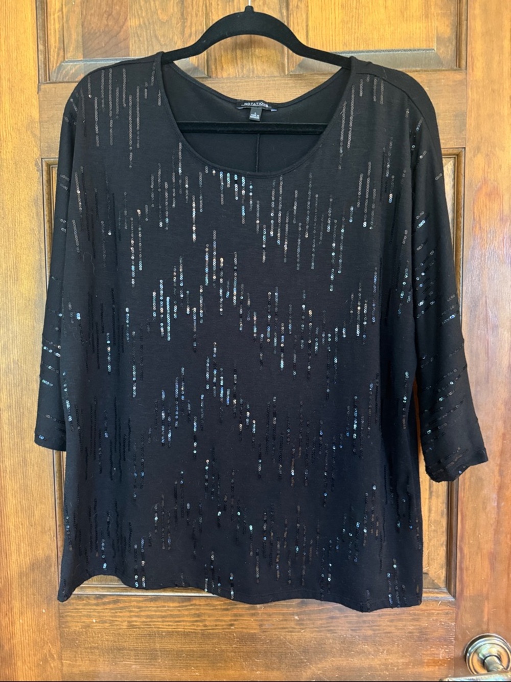 Notations Black Sequin Scoop Neck 3/4 Length Sleeve Top, L
